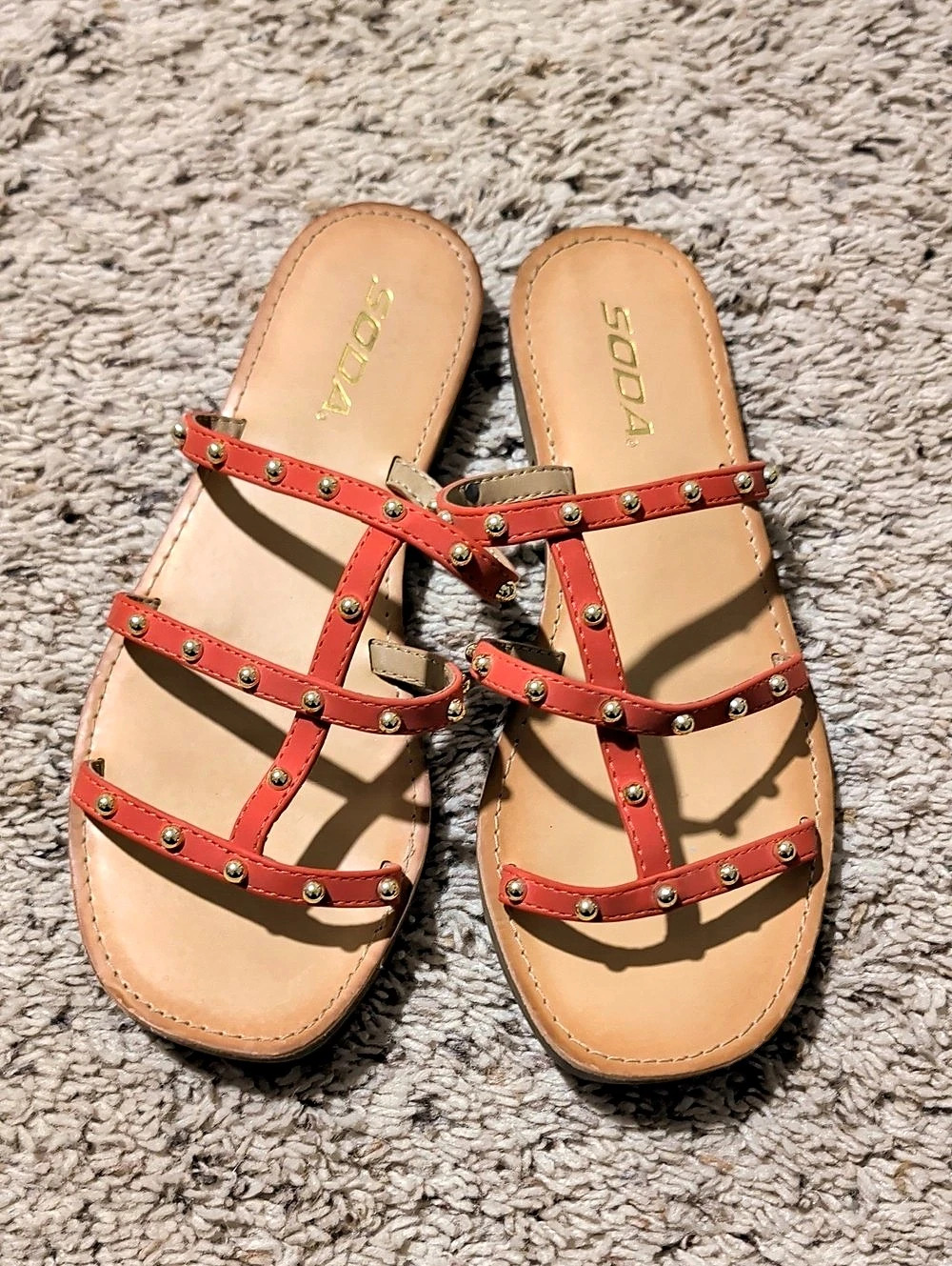 Soda Studded Strappy Sandals in Coral orange US 7